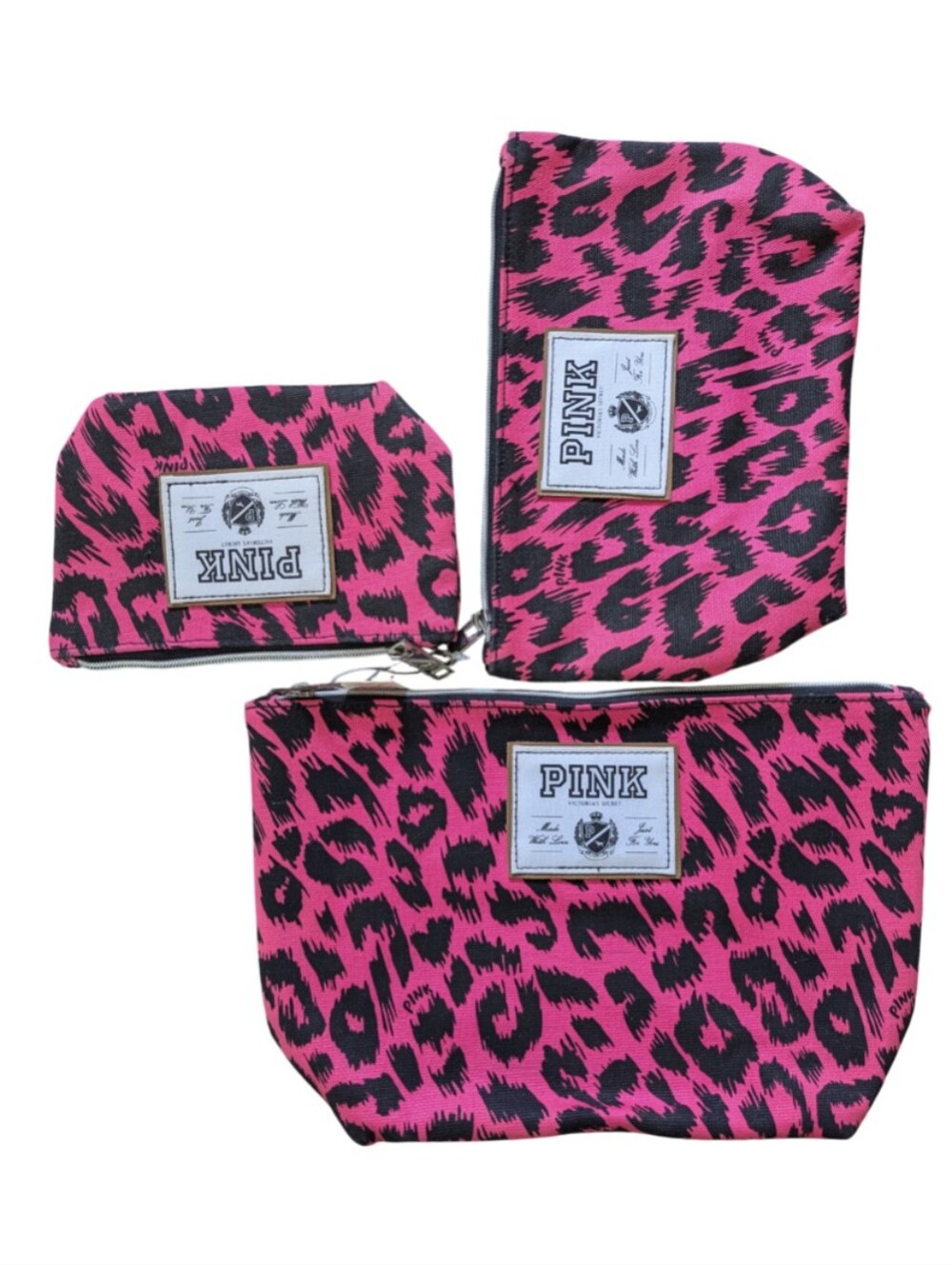 Nwt PINK Victoria's Secret Hot Pink and Black Leopard Logo Cosmetic Bag Set 3